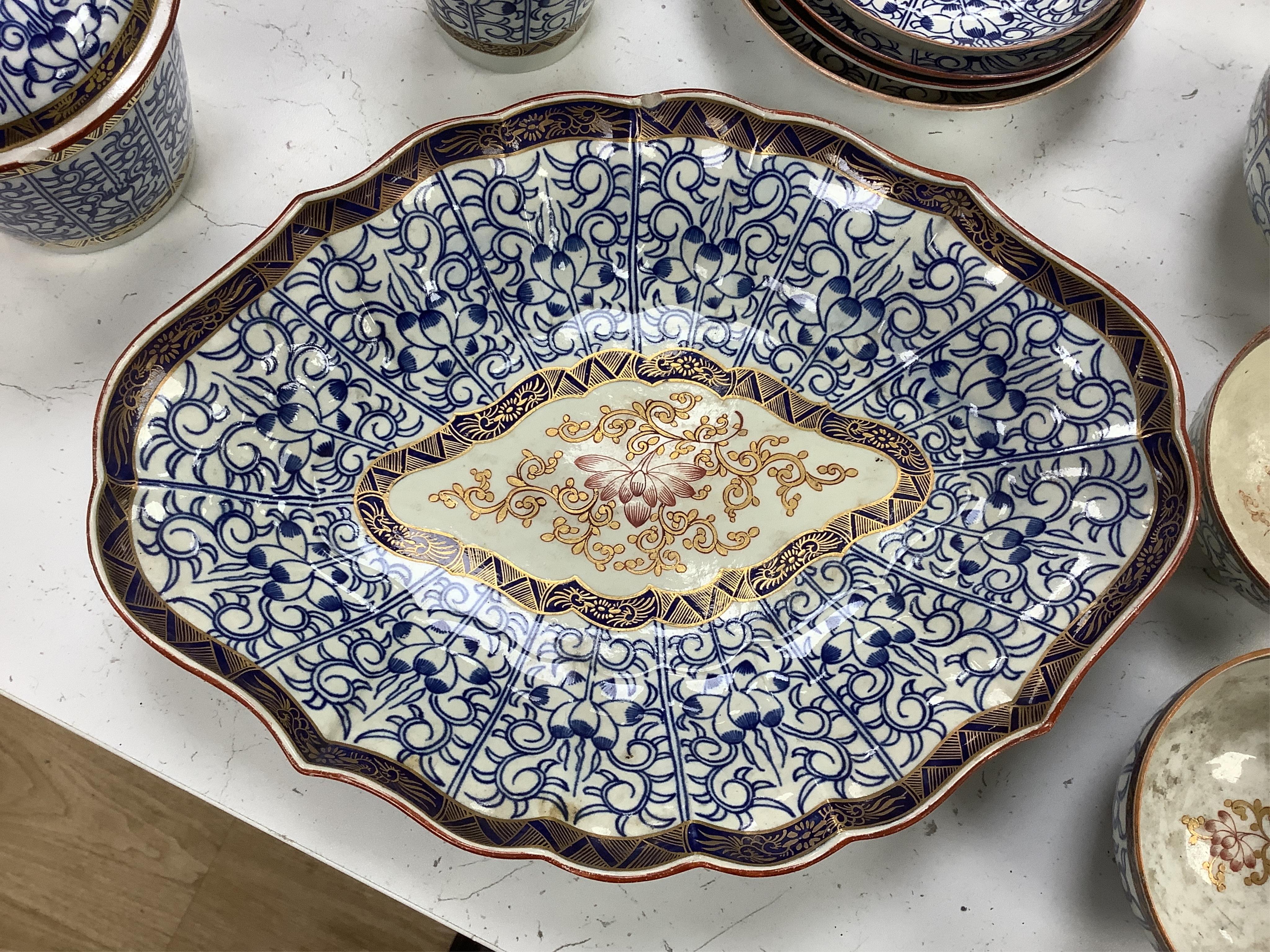 A collection of Worcester Royal Lily pattern tea, coffee and dessert wares and two similar dishes, late 18th/early 19th century